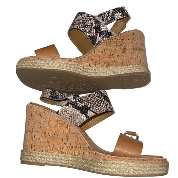 G.H. Bass & Co. Tyra Snakeskin & Camel Tan Leather Cork Wedges - Size 9 - Picture 4 of 7